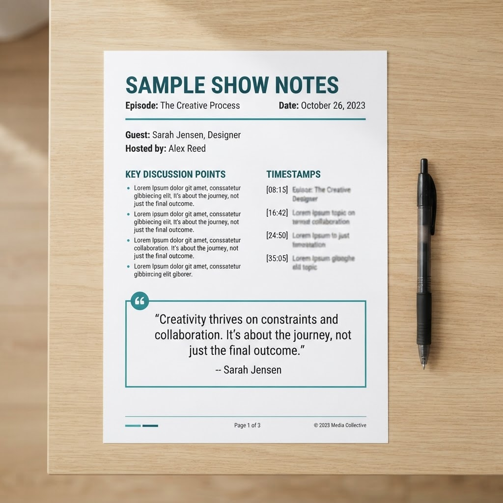 A labeled sample show notes worksheet with bullet points, a timestamp list, and a highlighted pull quote.