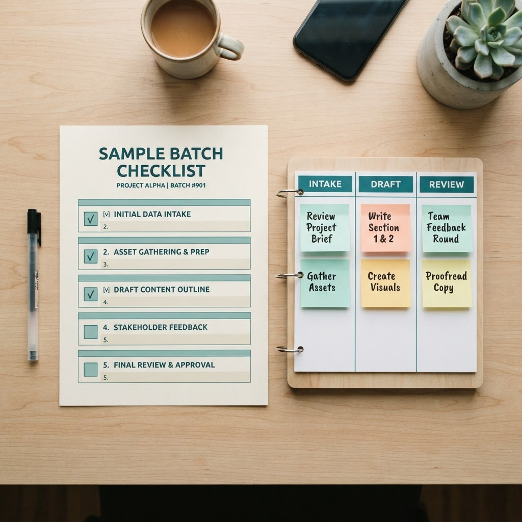A labeled sample batch checklist with checkbox rows next to a small intake, draft, and review sticky-note board.