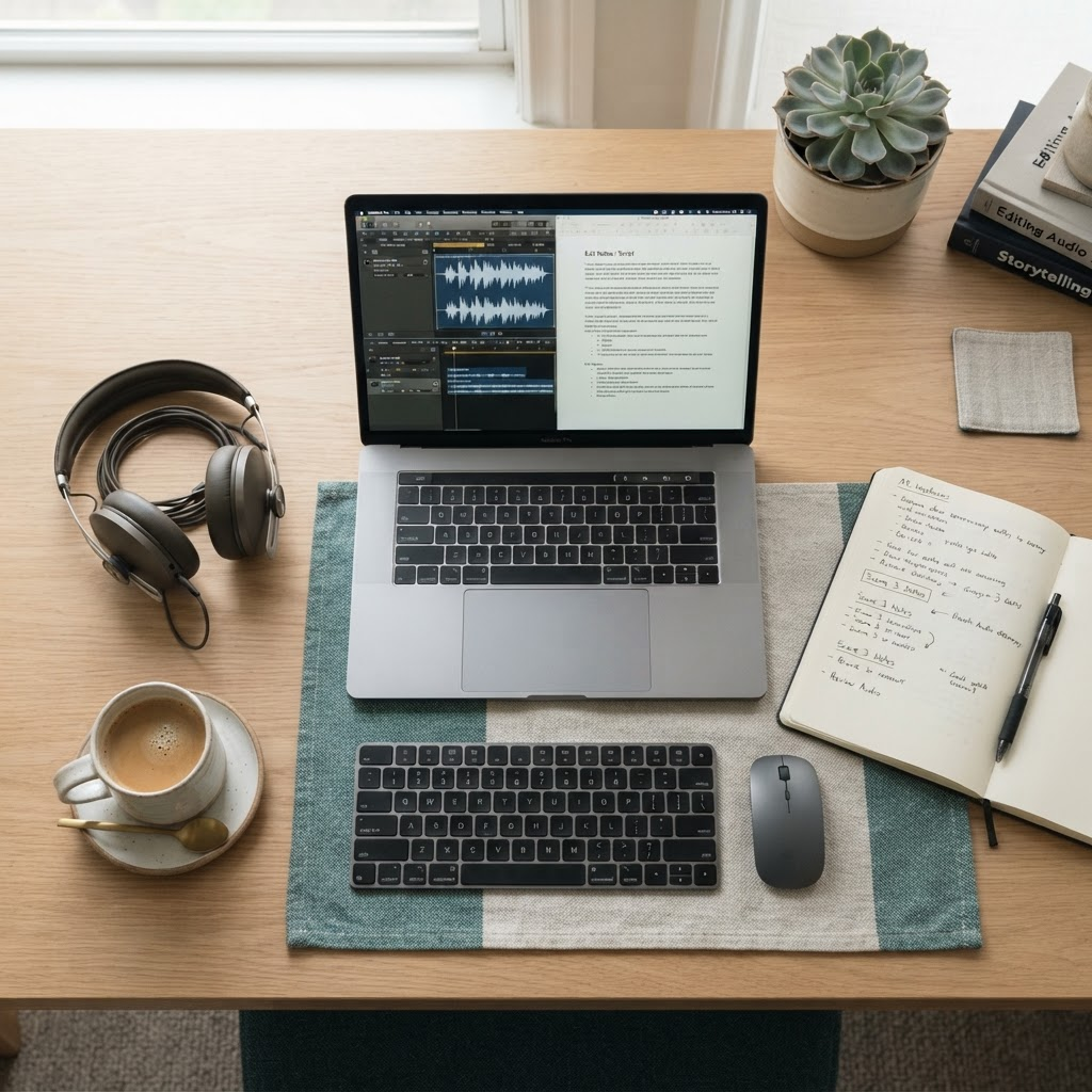 A remote editing workspace with a laptop showing an audio waveform, headphones, and handwritten research notes.